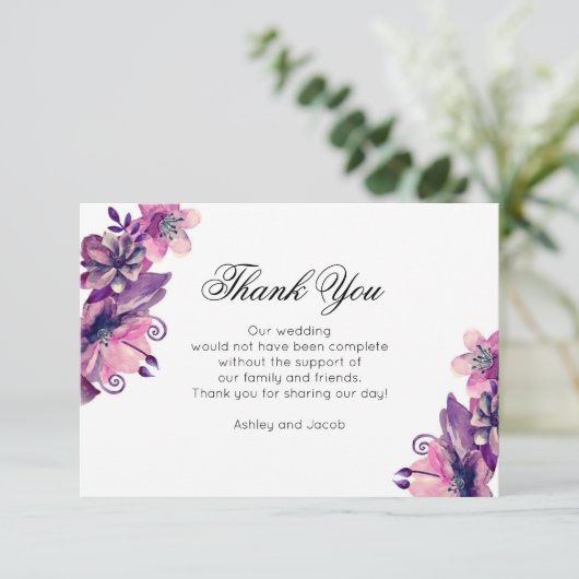 花の感謝を込めて。紫の結婚式。花のメモ サンキューカード (スタンド正面)