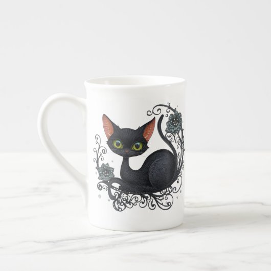 花の揺りかごの黒猫 ボーンチャイナマグカップ (左)