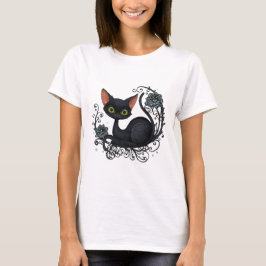 花の揺りかごの黒猫 Tシャツ