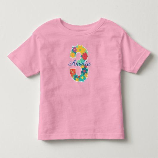 花の数字3-幼児用Tシャツ（お名前カスタム） トドラーTシャツ (正面)