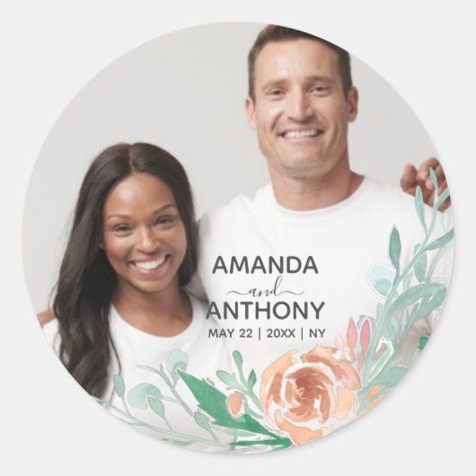 花の文字とカスタム写真 ラウンドシール (正面)