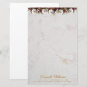 花の文様のバーガンディ色の芍薬 大理石 エレガントな筆記体 便箋 (正面/裏面)