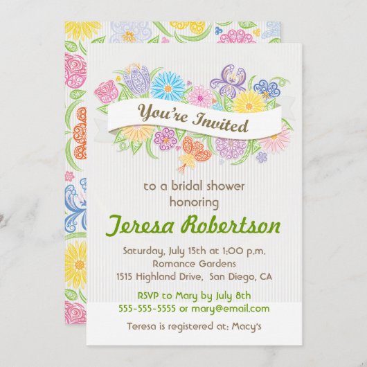 花の旗のブライダルシャワーの招待状 招待状 (正面/裏面)