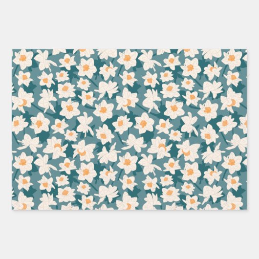 花の春の水仙 | ティールとイエロー ラッピングペーパーシート (正面)