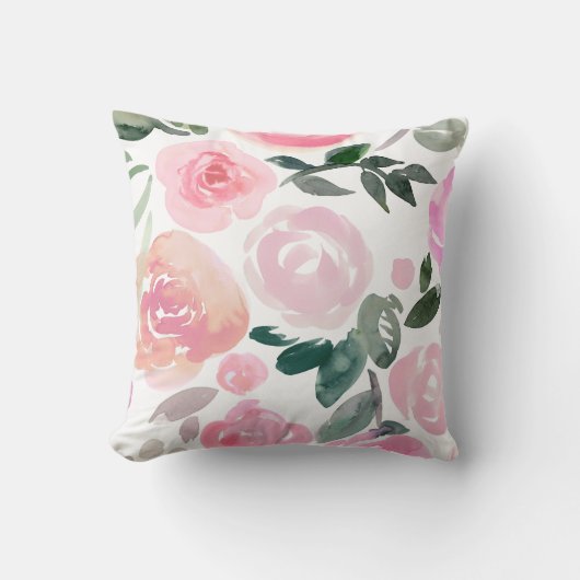 花の春の水彩画のバラの枕 クッション (正面)