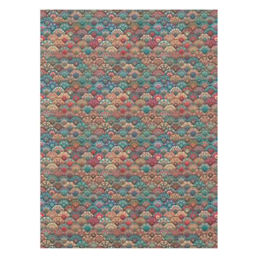 花の曼荼羅の要素が付いているヴィンテージのパッチワーク テーブルクロス (正面)