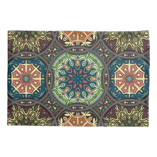 花の曼荼羅の要素が付いているヴィンテージのパッチワーク 枕カバー (裏面)