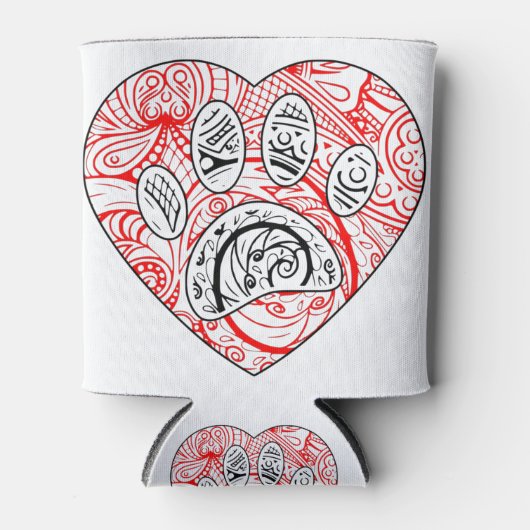 花の曼荼羅 犬の足跡 赤いハート 缶クーラー (正面)