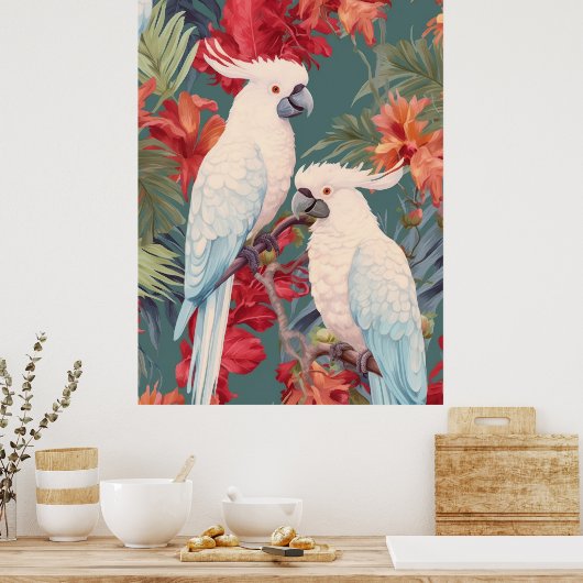 花の木の中のコカトスのペア ポスター (キッチン)