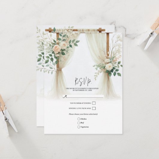 花の木製アーチ 緑のバラ ウェディング RSVP 招待状 (正面/裏面インサイチュ)