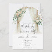 花の木製アーチ 緑の植物とバラのラスティックウェディング 招待状 (正面)