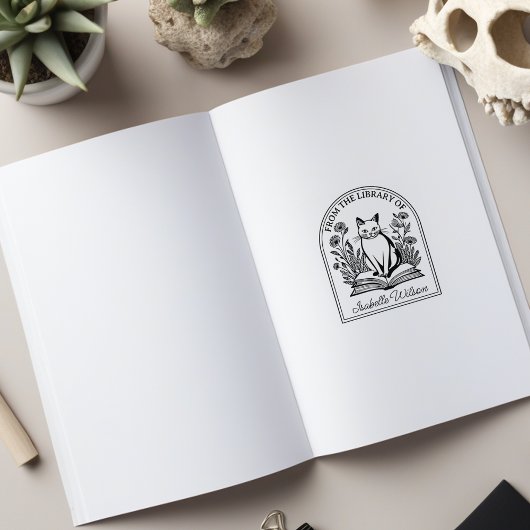 花の本好きな猫、カスタムブックプレート ラバースタンプ