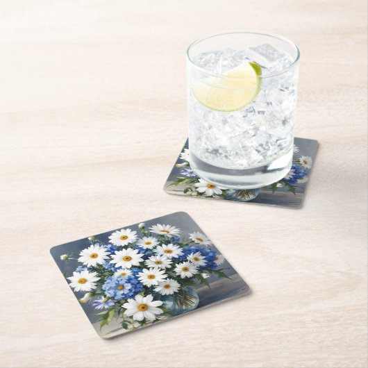 花の束エレガントデイジー水色 スクエアペーパーコースター (インサイチュ)