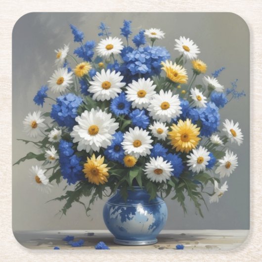 花の束エレガント水色 スクエアペーパーコースター (正面)