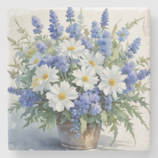 花の束エレガント水色 ストーンコースター (正面)