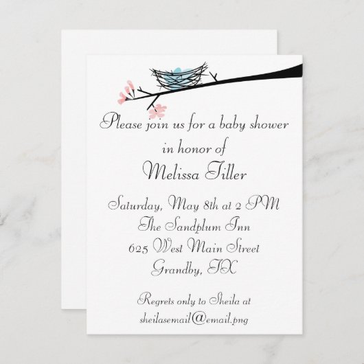 花の枝および巣のベビーシャワーの招待状 招待状 (正面/裏面)