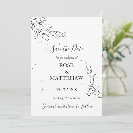 花の枝とインクの滴の保存日付 招待状 (スタンド正面)