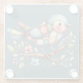 花の枝にパッチワーク松の鳥 ガラスコースター (裏面)