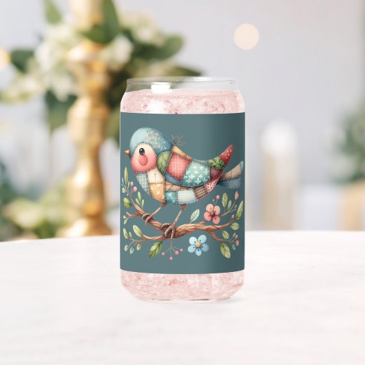 花の枝にパッチワーク松の鳥 ガラス缶 (インサイチュ (ウェディング))