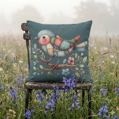 花の枝にパッチワーク松の鳥 クッション