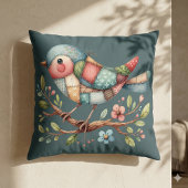 花の枝にパッチワーク松の鳥 クッション