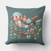 花の枝にパッチワーク松の鳥 クッション (正面)