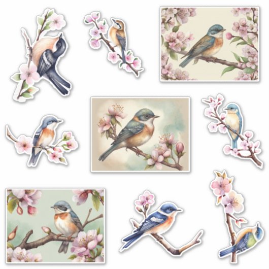 花の枝に水色の小鳥 シール (正面)