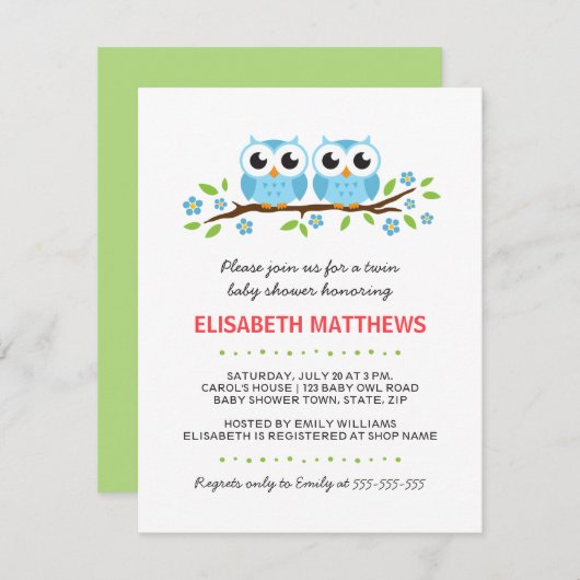 花の枝の青いフクロウは男の子のベビーシャワーを結び付けます 招待状 (正面/裏面)