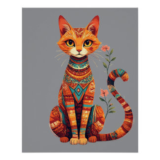 花の枝を持つかわいい猫のイラスト ポスター