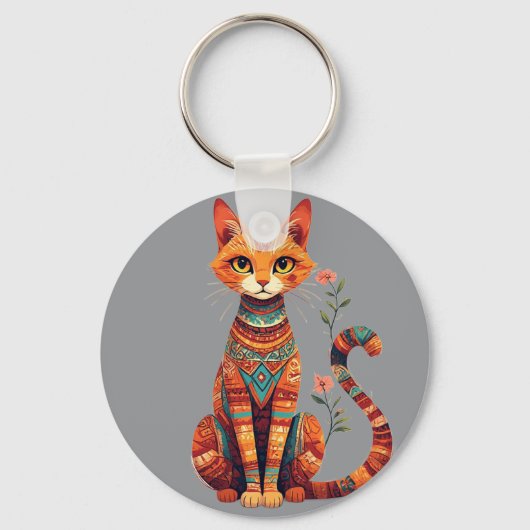 花の枝を持つかわいい芸術的な猫 キーホルダー (正面)
