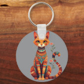 花の枝を持つかわいい芸術的な猫 キーホルダー (正面)
