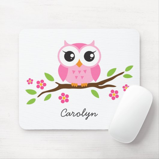 花の枝名前入りな名前のかわいいピンクのフクロウ マウスパッド (マウス)