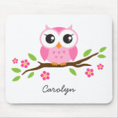 花の枝名前入りな名前のかわいいピンクのフクロウ マウスパッド (正面)