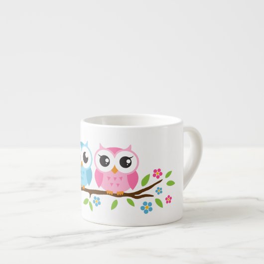 花の枝名前入りな名前のかわいいフクロウ エスプレッソカップ (正面右)