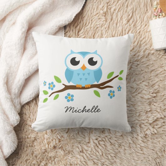 花の枝名前入りな名前のかわいく青いフクロウ クッション (ブランケット)