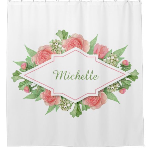 花の枠のシャワーカーテンにあなたの名前 シャワーカーテン (正面)