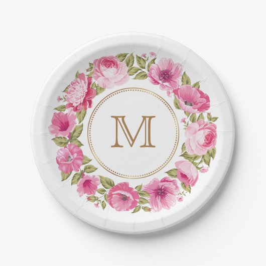 花の枠のモノグラム紙プレート ペーパープレート (正面)