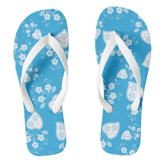 花の柄の青い花ハート ビーチサンダル (フットベッド)