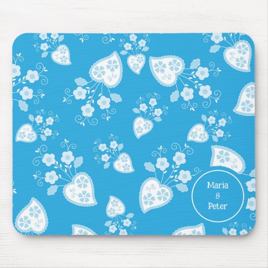 花の柄の青い花ハート マウスパッド (正面)