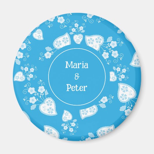 花の柄の青い花ハート マグネット (正面)