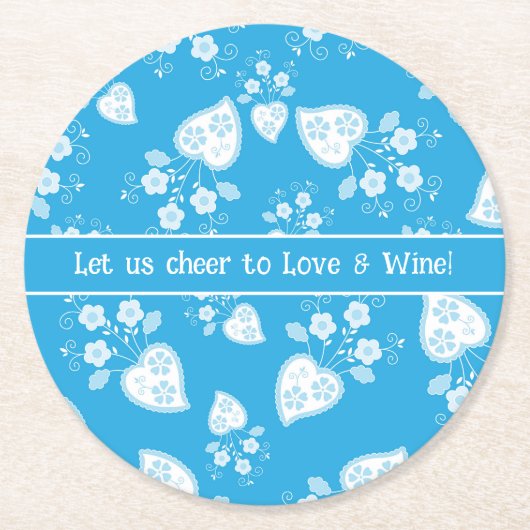 花の柄の青い花ハート ラウンドペーパーコースター (正面)