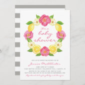 花の柑橘類の黄色のピンクのバラの女の子のベビーシャワー 招待状 (正面/裏面)
