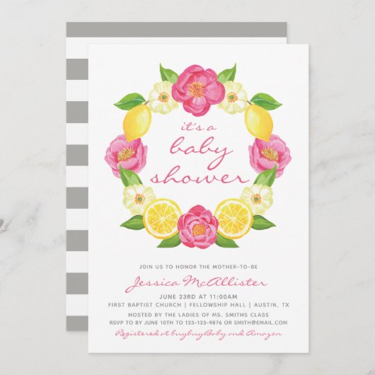 花の柑橘類の黄色のピンクのバラの女の子のベビーシャワー 招待状 (正面/裏面)