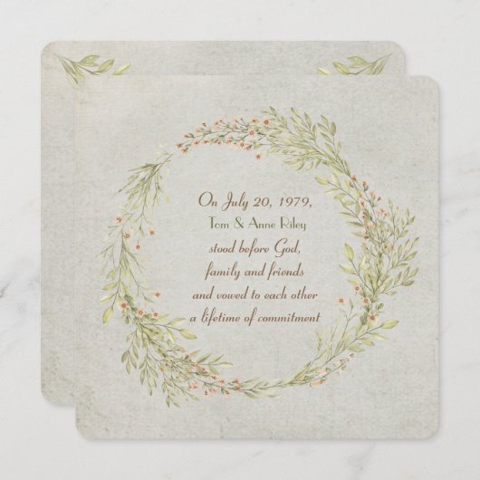 花の桃と緑の葉の花輪 誓いの更新 招待状 (正面/裏面)