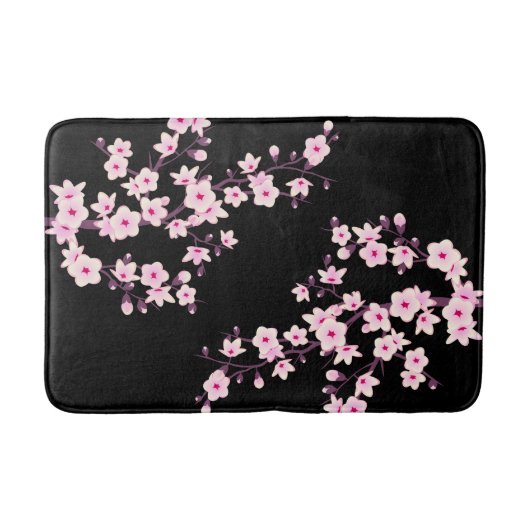 花の桜のピンク ブラック バスマット (正面)