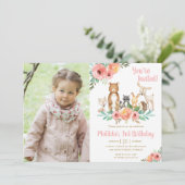 花の森の動物の誕生日パーティーの女の子の写真 招待状 (スタンド正面)