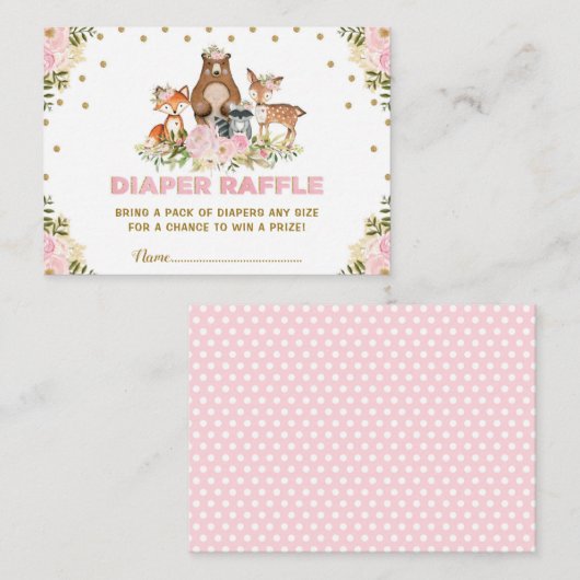 花の森林おむつのラッフルの女の子のベビーシャワー エンクロージャーカード (正面/裏面)
