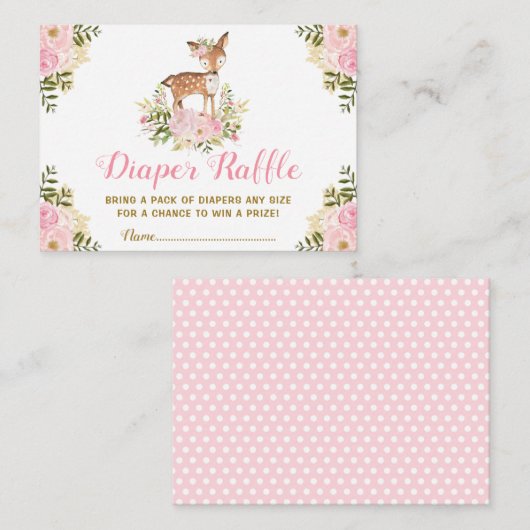 花の森林シカのおむつのラッフルの女の子のベビーシャワー エンクロージャーカード (正面/裏面)