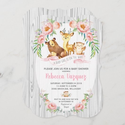 花の森林動物のベビーシャワーの招待状の女の子 招待状 (正面/裏面)