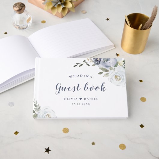 花の植物性ほこりっぽい青結婚フローラのゲスト ゲストブック (正面見開き)